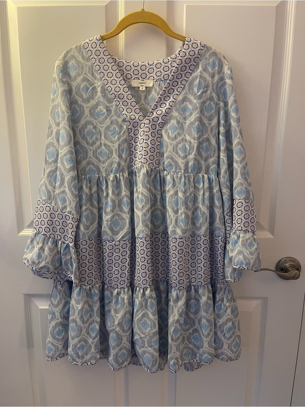 entro Light Blue Printed Tiered V-Neck Long Sleeve Dress